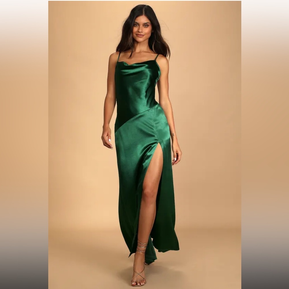 Lulus Caroline Emerald Green Satin Cowl Neck
Maxi Dress